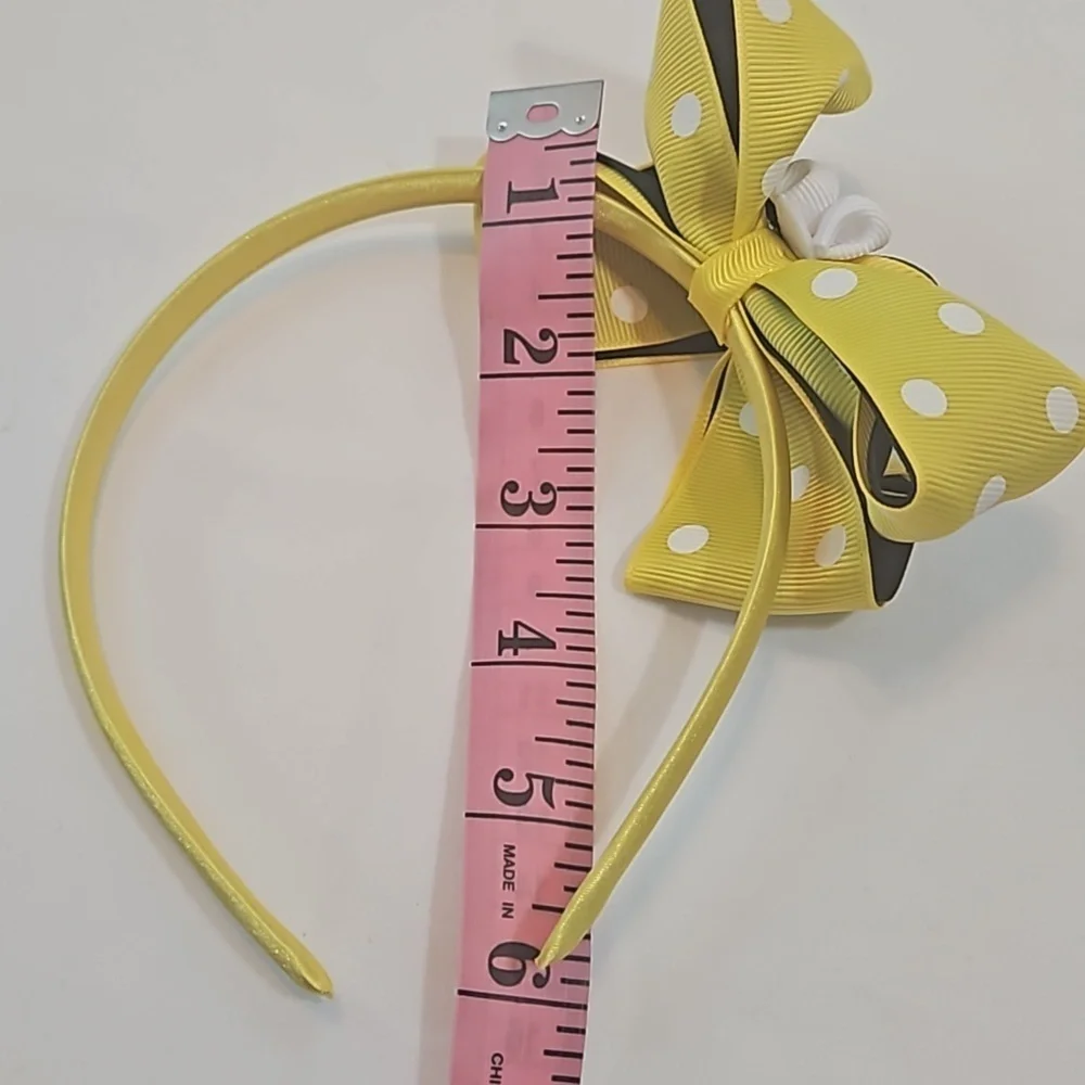 Hand Crafted Handmade Bow Hairband Yellow white polka-dot black contrast ribbon
